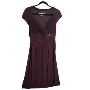 Anne Klein Women Plum Burgundy Cap Sleeve Faux Wrap Sheath Dress Size 12
